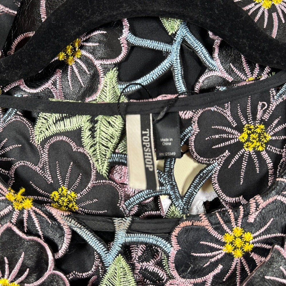 Topshop Black Multi PU Leather‎ Lace Floral Appliqué Shift Dress 6 Embroidered - Picture 10 of 13